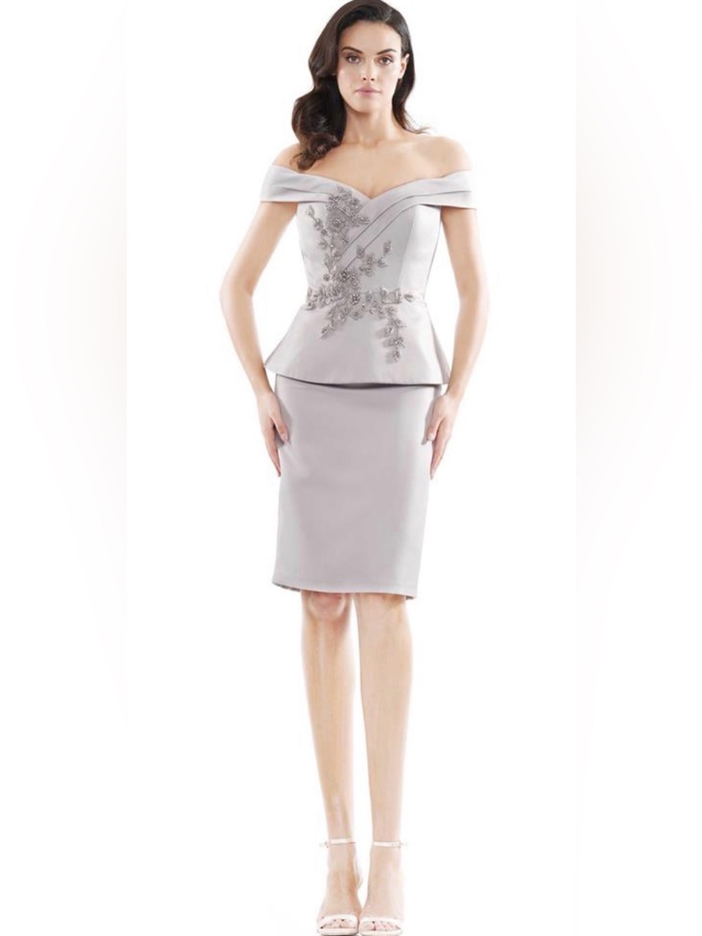 MARSONI BY COLORS STYLE #MV1059 Off-the-Shoulder Taupe Peplum Satin Dress sz 6